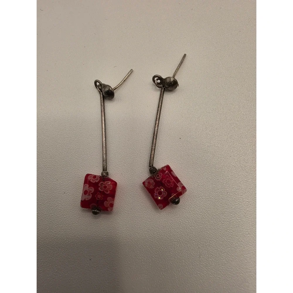 Red Millefiori Glass Square Bead Drop Earrings Silver Tone Bar Dangle Floral‎